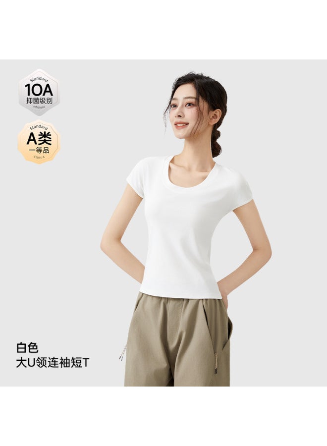 Spring And Summer Tencel Cotton U-neck T-shirt Women's Cool Feeling Breathable High Elastic Slimming 10a Antibacterial Solid Color Versatile Women's Base T-shirt