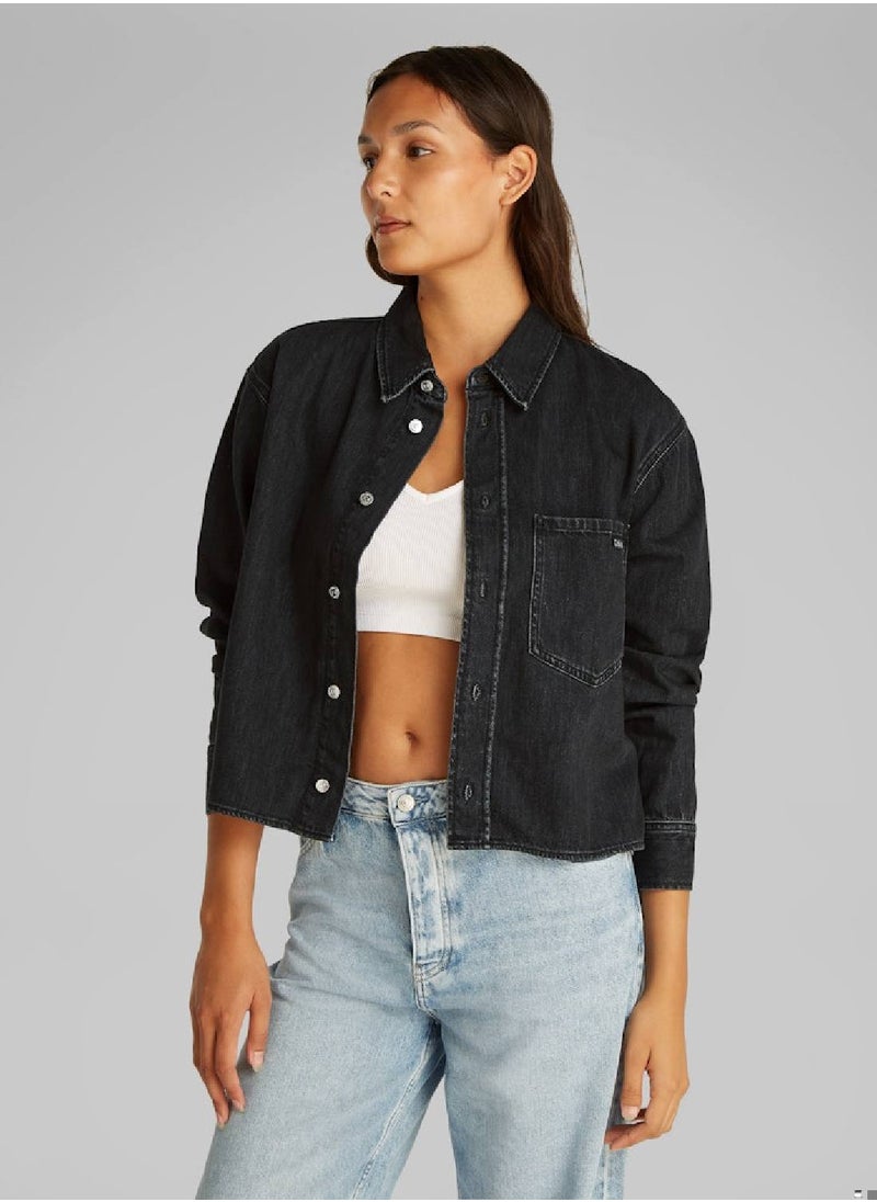 Calvin Klein Jeans - Women's Cropped Denim Dad Shirt - Cotton, Black - Image 1