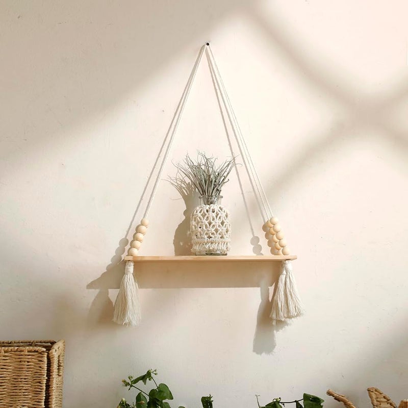 Artilady 2 Pack Wooden Wall Hanging Shelves - Macrame Hanging Plant Shelf with Tassel,Boho Storage Floating Shelves Handmade Rustic Hanger Planter Rack Pot Stand Holder - Image 2