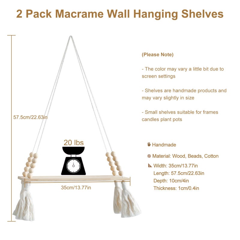 Artilady 2 Pack Wooden Wall Hanging Shelves - Macrame Hanging Plant Shelf with Tassel,Boho Storage Floating Shelves Handmade Rustic Hanger Planter Rack Pot Stand Holder - Image 3