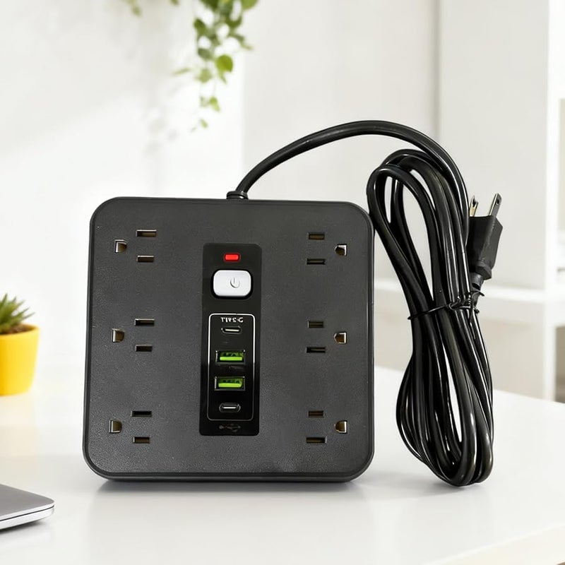 شريط حماية من زيادة التيار الكهربائي مع 4 منافذ USB، سلك تمديد مضغوط للمنزل والمكتب والسفر - Image 3