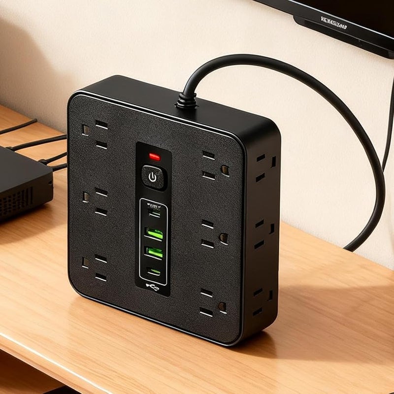 شريط حماية من زيادة التيار الكهربائي مع 4 منافذ USB، سلك تمديد مضغوط للمنزل والمكتب والسفر - Image 5