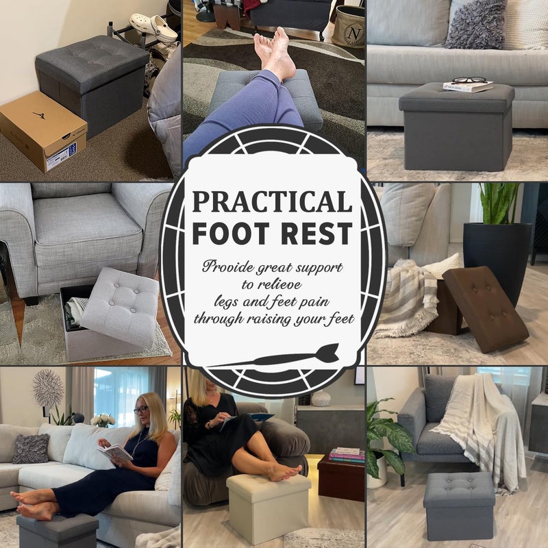 LINMAGCO Ottoman Storage Ottoman with Storage Small Foot Rest Stool Under Desk Stool Short Folding Footrest Linen Cloth Dark Gray 16X12X12IN - Image 3