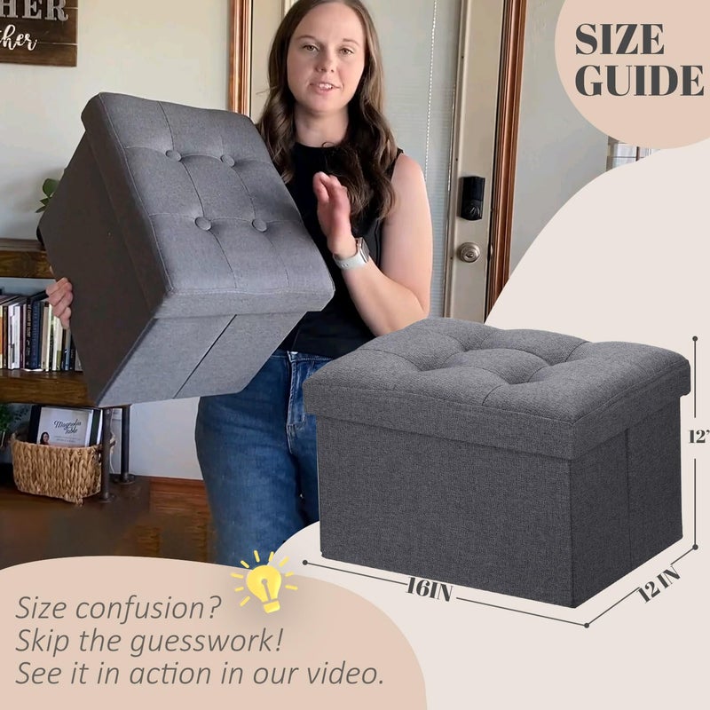 LINMAGCO Ottoman Storage Ottoman with Storage Small Foot Rest Stool Under Desk Stool Short Folding Footrest Linen Cloth Dark Gray 16X12X12IN - Image 2