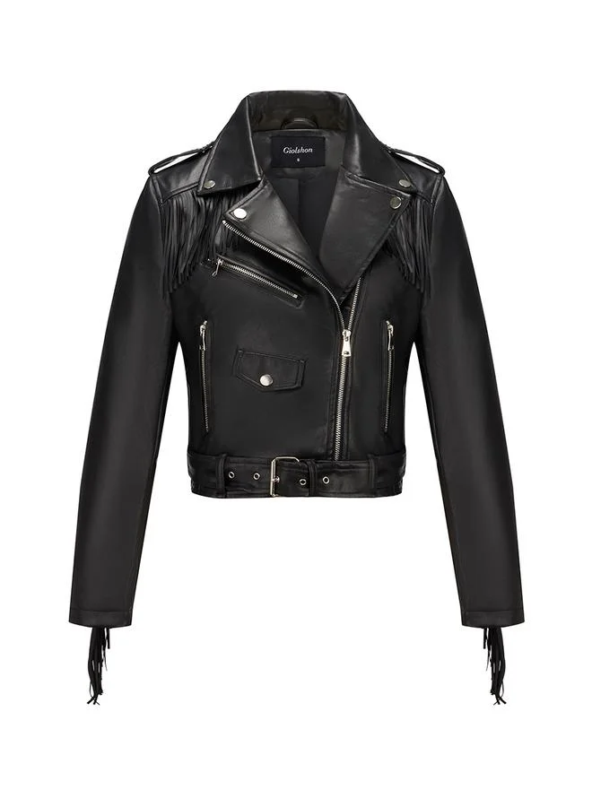Take Two Black Fringe Cropped Biker Jacket