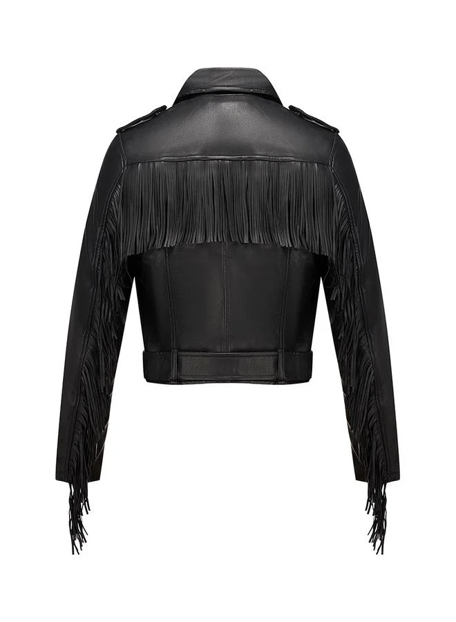 Take Two Black Fringe Cropped Biker Jacket