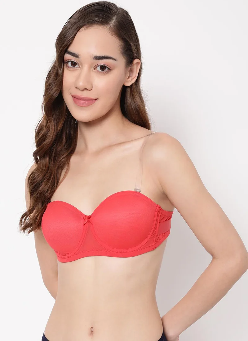 Clovia Clovia Invisi Padded Underwired Full Coverage Strapless Bra in Red with Transparent & Material Straps & Bands