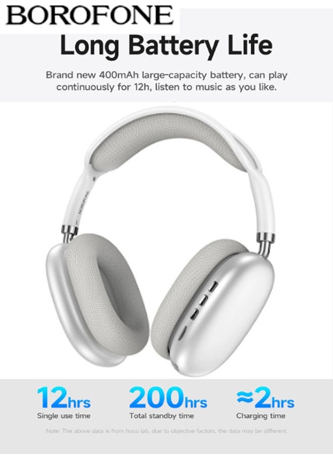 بوروفون سماعات رأس فوق الأذن سماعات بلوتوث للألعاب إصدار مع عمر بطارية طويل سماعات موسيقى تصميم قابل للسحب سماعات بلوتوث 5.3 للألعاب سماعات رأس فوق الأذن مزودة بميزة إلغاء الضوضاء (فضية) - Image 3