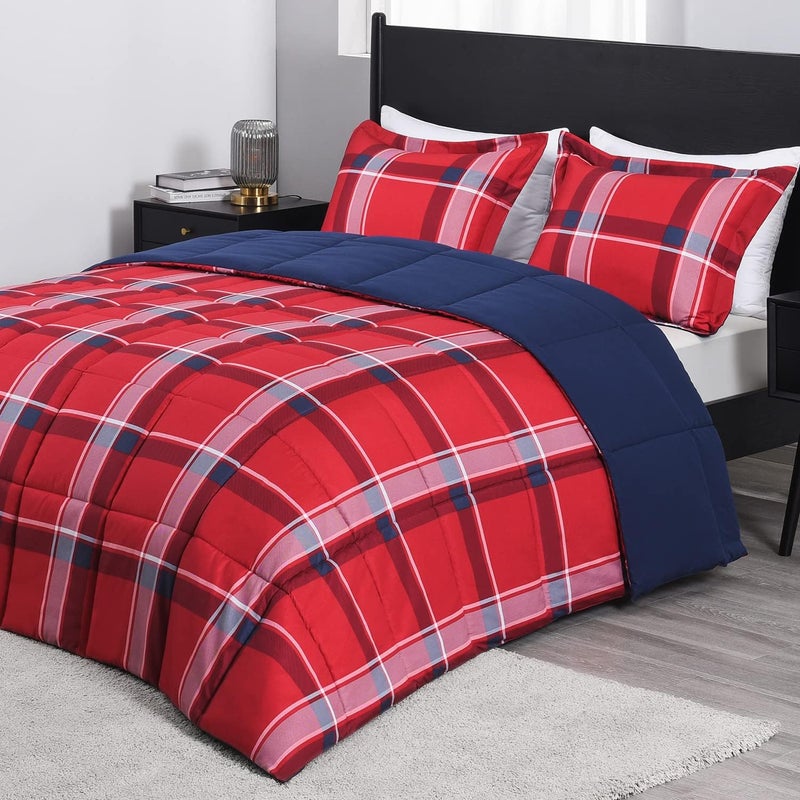 downluxe Twin Comforter Set (66"x92") 2-Piece,Plaid Red Reversible Comforter,1 Reversible Pillow Sham 20"x26",Microfiber Comforter,Soft and Comfortable - Image 1