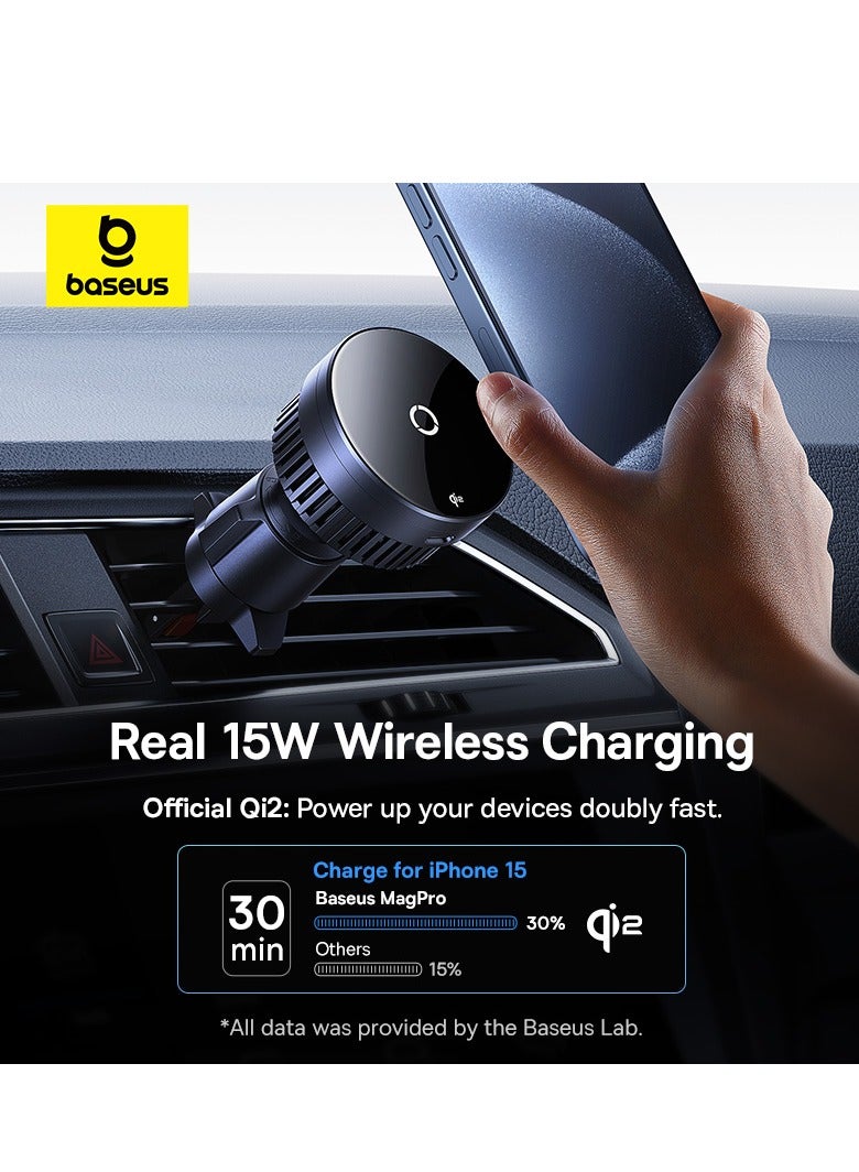 Baseus Qi2 MagSafe Car Mount Charger, Wireless Car Charger with True Qi2-Certified and Heat Dissipation, Air Vent Magnetic Car Phone Holder with 15W Fast Charging for iPhone 15/14/13/12 Series and More Black - Image 3