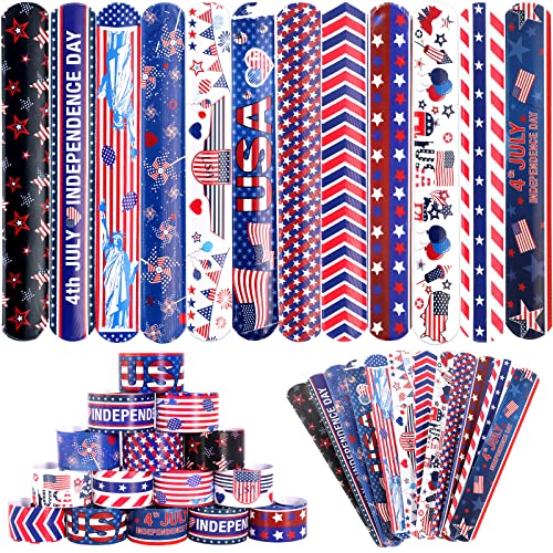 MGparty 4th of July Accessories 48PCS Patriotic Slap Bracelets Toys for Kids Fourth of July Decorations Party Favors Memorial Day Supplies Classroom Prizes Gifts Accessories - Image 1