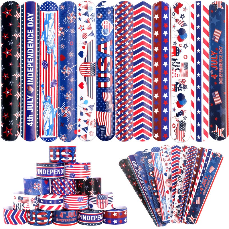 MGparty 4th of July Accessories 48PCS Patriotic Slap Bracelets Toys for Kids Fourth of July Decorations Party Favors Memorial Day Supplies Classroom Prizes Gifts Accessories - Image 3