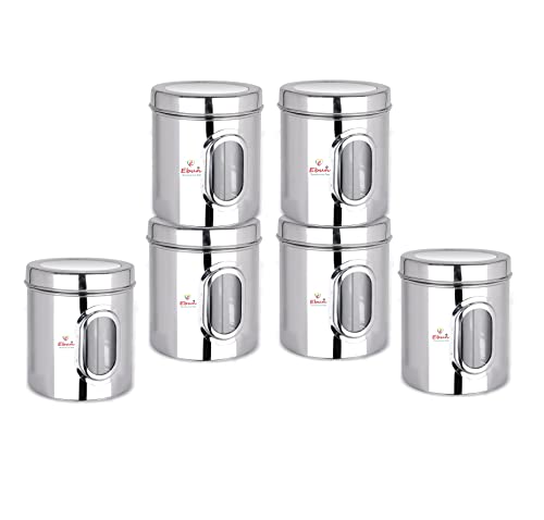 Ebun Stainless Steel Multipurpose See Through Small Containers Air Tight Canister For Kitchen Storage Ubha Dabba Transparent Vertical Jar Silver 1 Kgs Pack Of 6 Pcs - Image 1