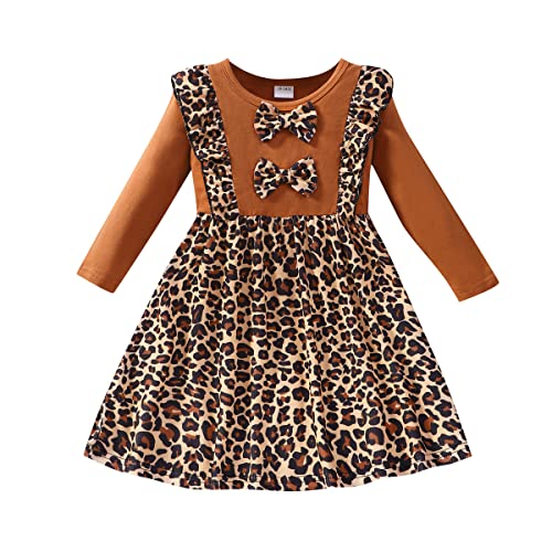 RETSUGO Girl Long Sleeve Winter Dresses Casual Splicing Ruffles Bowknot Dress for Baby Girls Kids Cute Leopard Print Outfit Dresses 1-6Years Leopard print-1204-1T - Image 1