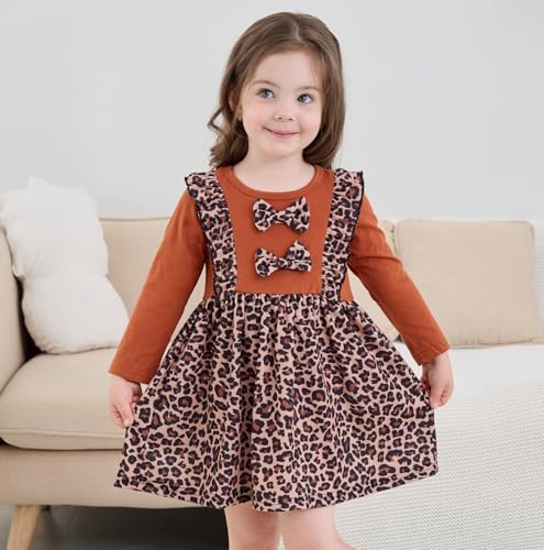 RETSUGO Girl Long Sleeve Winter Dresses Casual Splicing Ruffles Bowknot Dress for Baby Girls Kids Cute Leopard Print Outfit Dresses 1-6Years Leopard print-1204-1T - Image 2