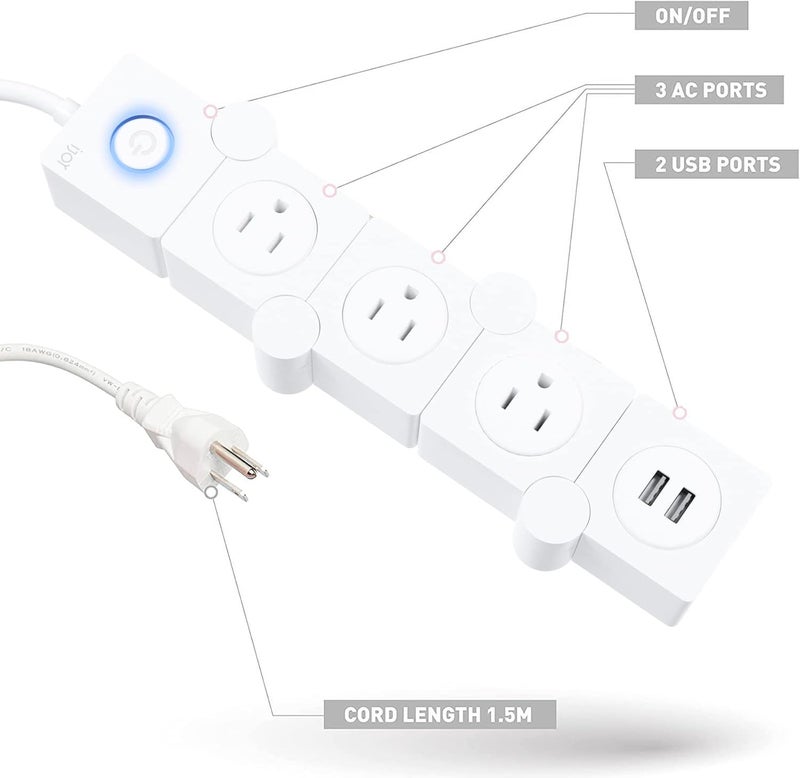 iJOY Flexible Power Strip - 3 AC Outlets and 2 USB Charging Ports with 5 Ft Extension Cord, Power Strip Surge Protector White, Decorative Surge Protector Outlet Extender for Home, Office, and More - Image 2