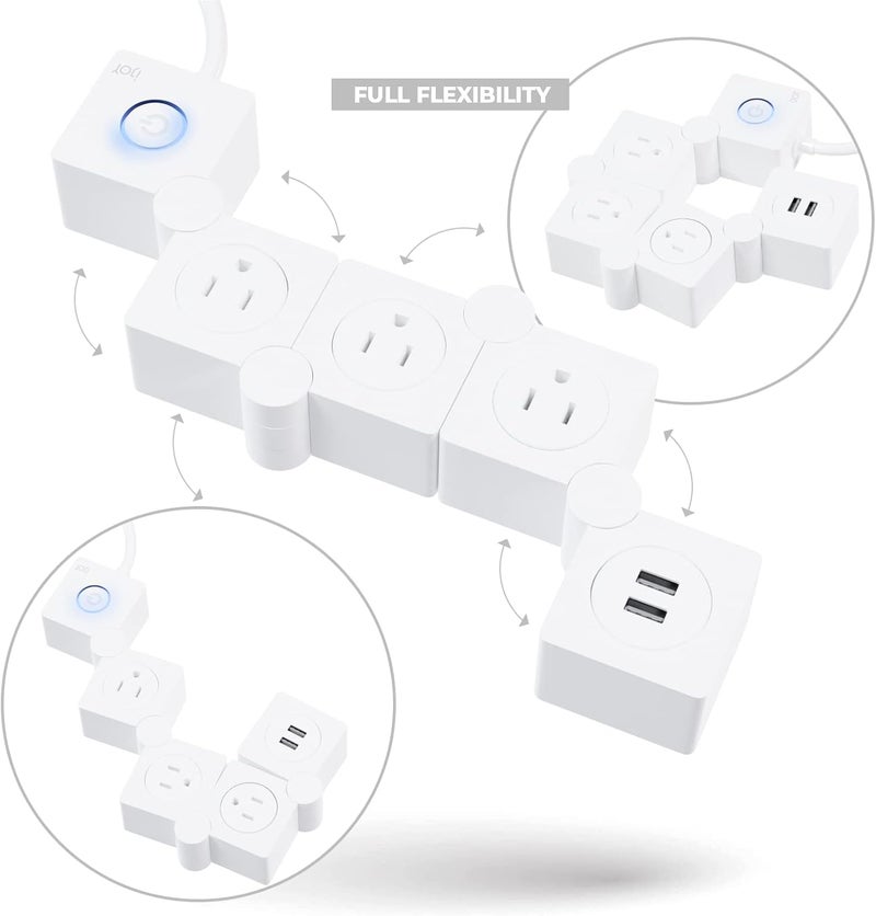 iJOY Flexible Power Strip - 3 AC Outlets and 2 USB Charging Ports with 5 Ft Extension Cord, Power Strip Surge Protector White, Decorative Surge Protector Outlet Extender for Home, Office, and More - Image 3