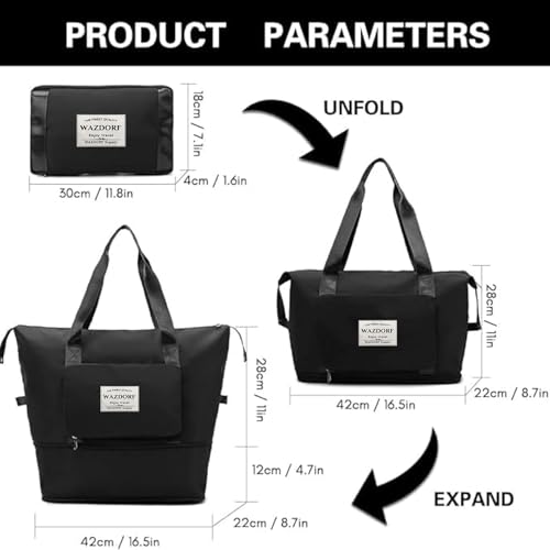 Wazdorf Nylon 41 Liter Expandable Travel Bags for Women, Duffle Bags for Women Luggage, Foldable Vanity Traveling Bag, Waterproof Hand Bag for Ladies Personal Items,Black - Image 2