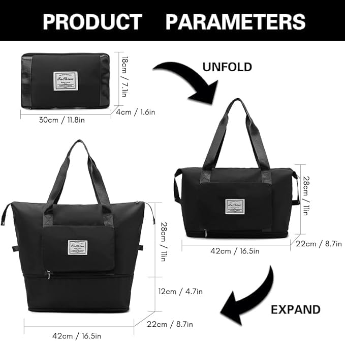 Wazdorf Nylon 41 Liter Expandable Travel Bags for Women, Duffle Bags for Women Luggage, Foldable Vanity Traveling Bag, Waterproof Hand Bag for Ladies Personal Items,Black - Image 3