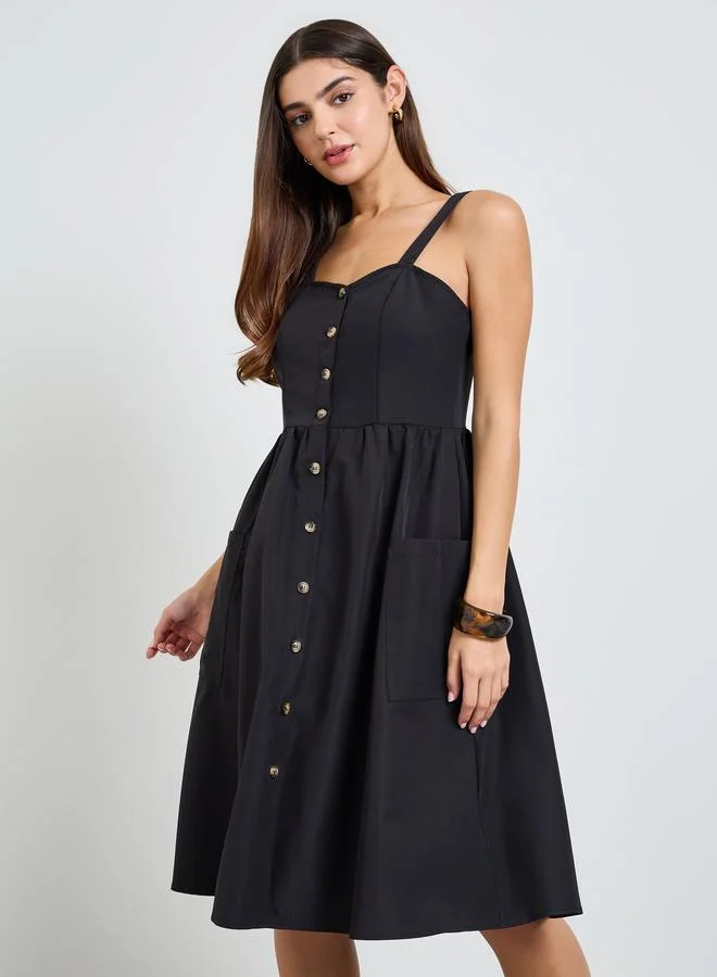 تايك تو Black Button Front Midi Dress with Patch Pocket
