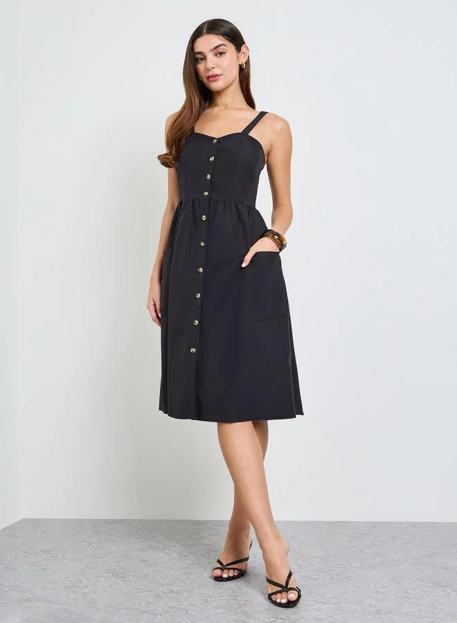 تايك تو Black Button Front Midi Dress with Patch Pocket