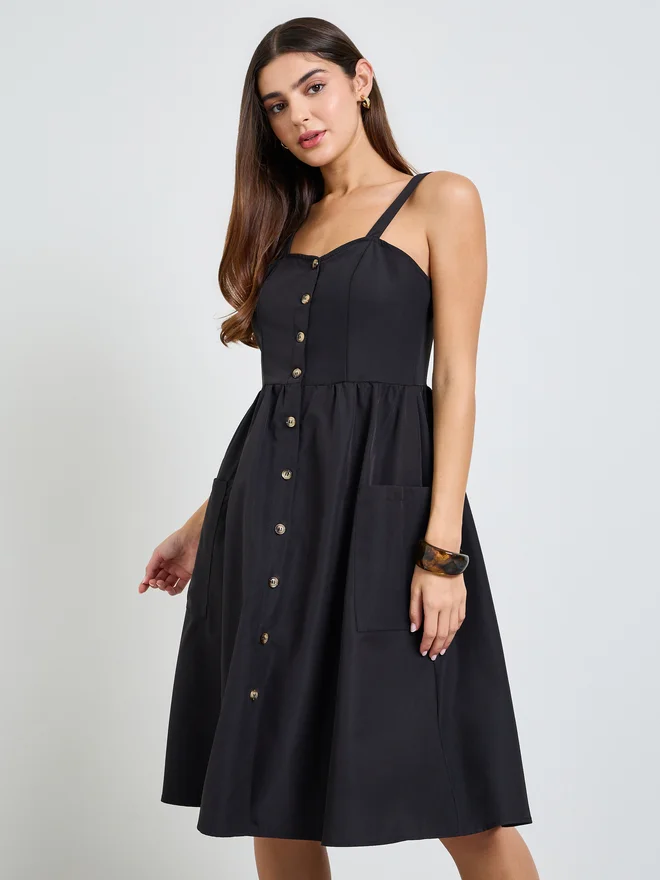 Styli Styli Black Button Front Midi Dress with Patch Pocket