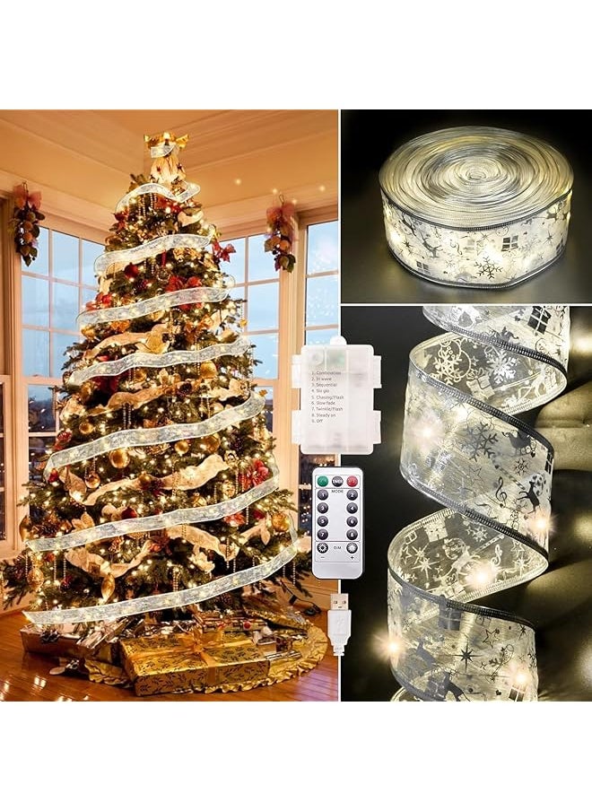 The Bros Christmas Decorations, 2.5Inch x 33Ft 100 Led Christmas Tree Ribbon Lights with Remote Control, Battery Operated & USB Powered 8 Lighting Modes Fairy String Lights (Slive Ribbon/10m Warm)  - Image 1