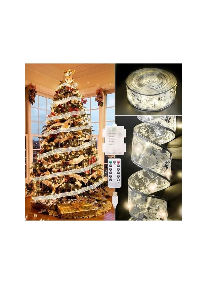 The Bros Christmas Decorations, 2.5Inch x 33Ft 100 Led Christmas Tree Ribbon Lights with Remote Control, Battery Operated & USB Powered 8 Lighting Modes Fairy String Lights (Slive Ribbon/10m Warm)  - Image 2