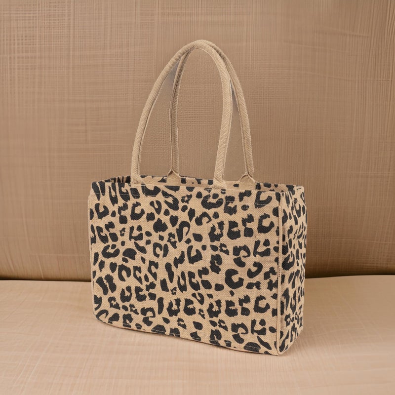 KAF Home Jute Market Tote Bag, Leopard Print, Durable Handle, Reinforced Bottom and Interior Zipper Pocket - Image 2