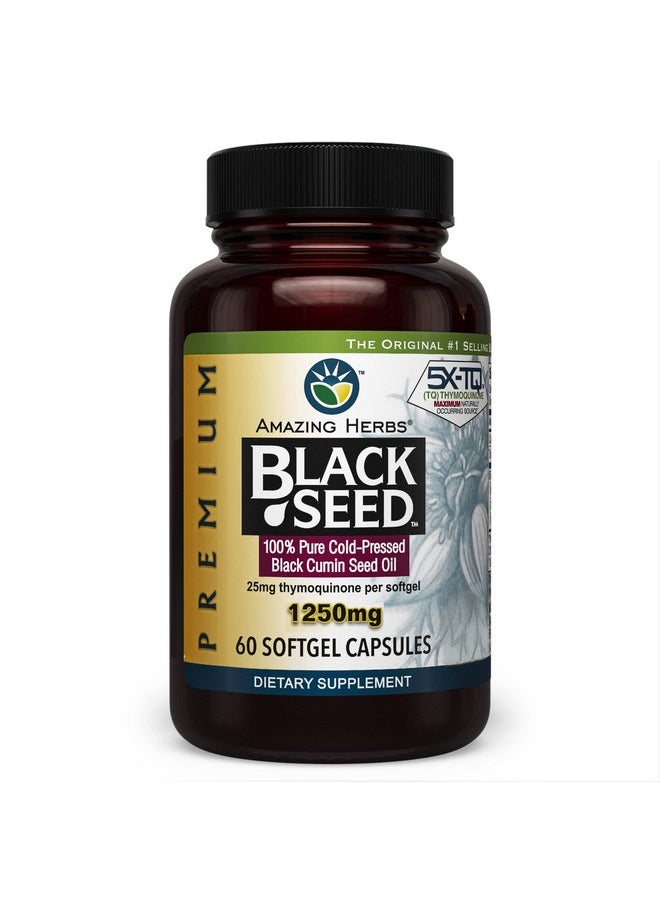 Amazing herbs - Premium Black Seed Oil Capsules High Potency Cold Pressed Nigella Sativa Aids In Digestive Health Immune Support & Brain Function 60 Count 1250Mg - Image 1