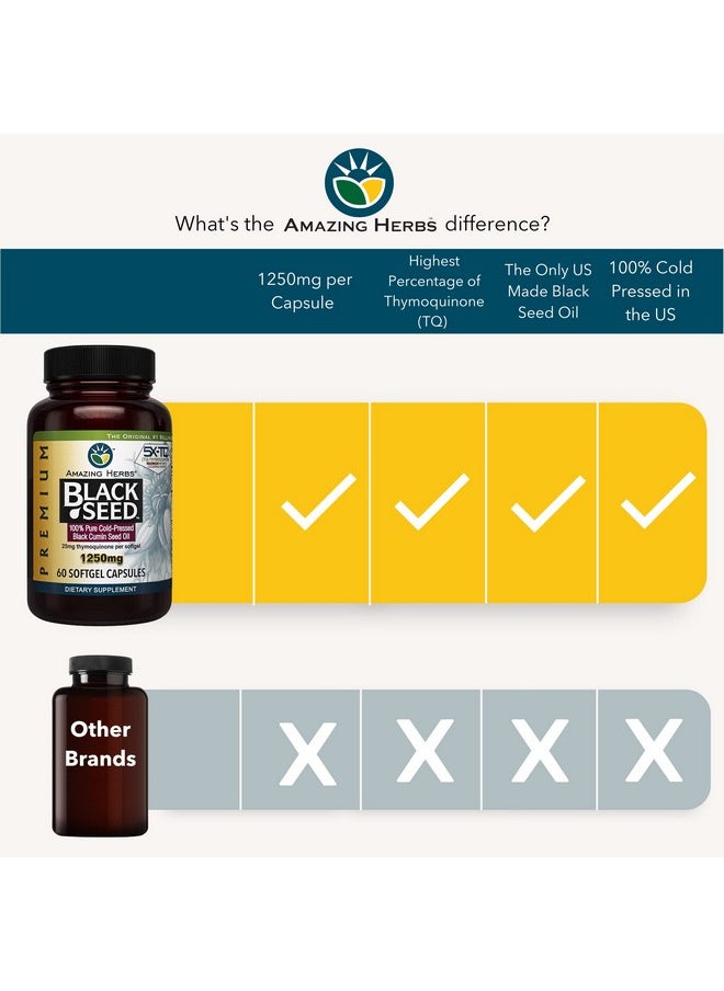 Amazing herbs - Premium Black Seed Oil Capsules High Potency Cold Pressed Nigella Sativa Aids In Digestive Health Immune Support & Brain Function 60 Count 1250Mg - Image 1