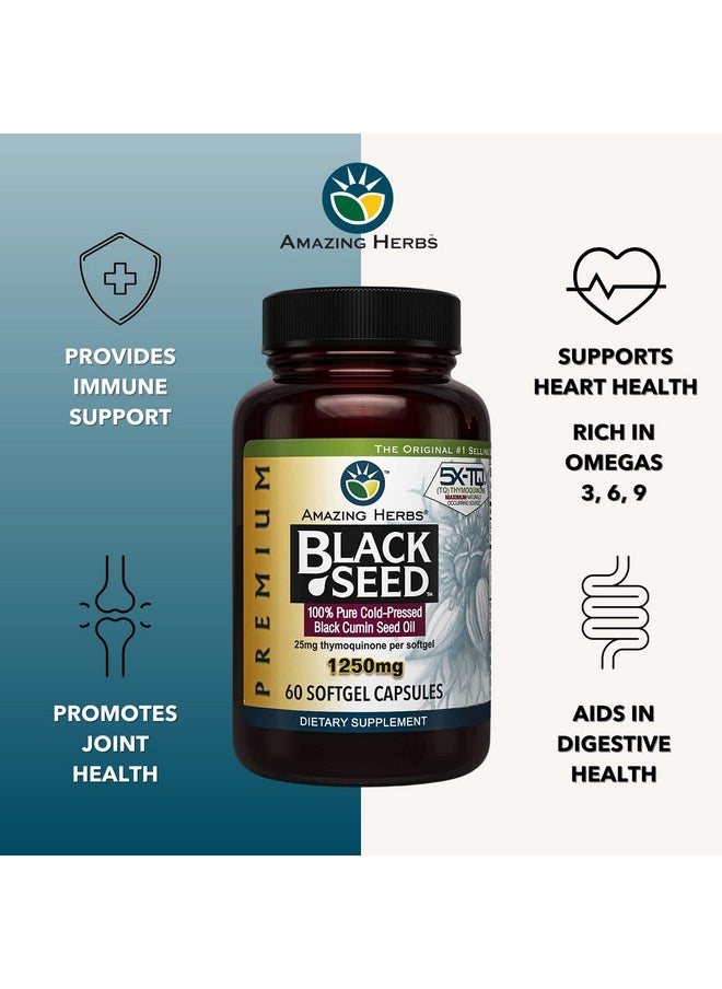 Amazing herbs - Premium Black Seed Oil Capsules High Potency Cold Pressed Nigella Sativa Aids In Digestive Health Immune Support & Brain Function 60 Count 1250Mg - Image 1