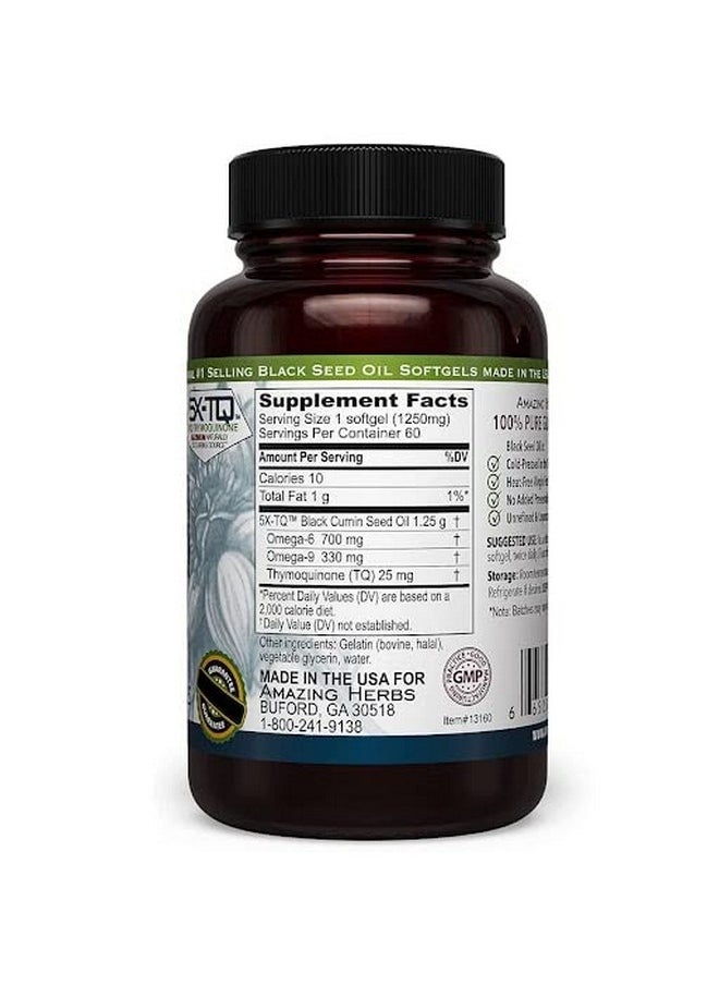 Amazing herbs - Premium Black Seed Oil Capsules High Potency Cold Pressed Nigella Sativa Aids In Digestive Health Immune Support & Brain Function 60 Count 1250Mg - Image 1