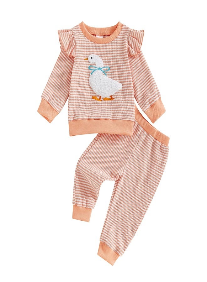 Socutebabe Toddler Baby Girl Fall Winter Clothes Goose/Duck Long Sleeve Pullover Sweatshirts Stripe Pants Farm Goose Outfit (Pink, 12-18 Months) - Image 1