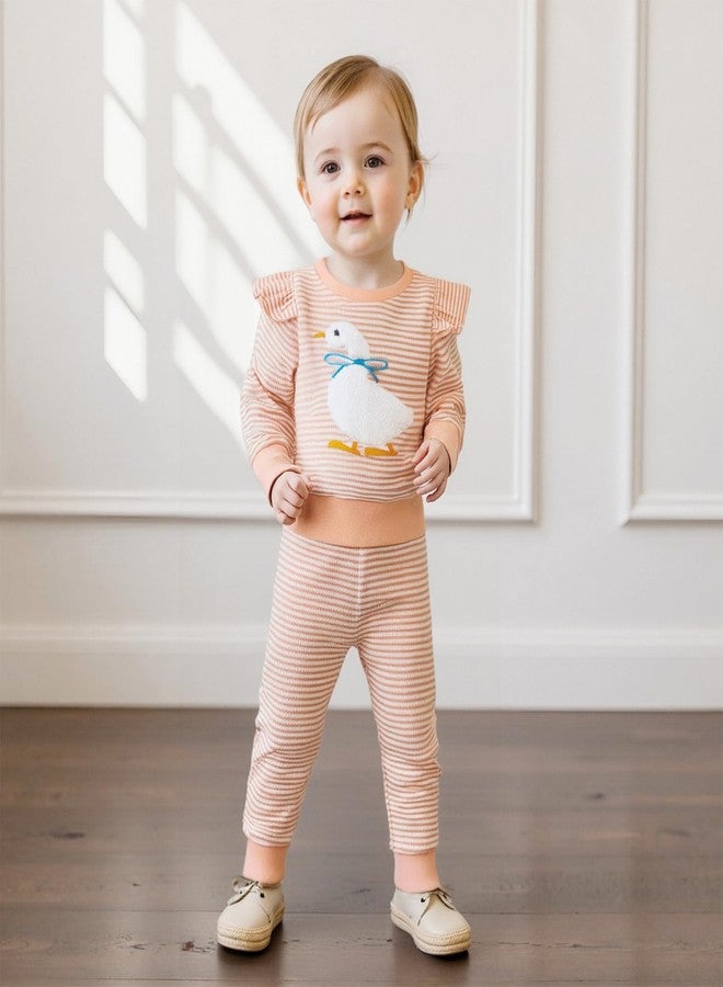 Socutebabe Toddler Baby Girl Fall Winter Clothes Goose/Duck Long Sleeve Pullover Sweatshirts Stripe Pants Farm Goose Outfit (Pink, 12-18 Months) - Image 2