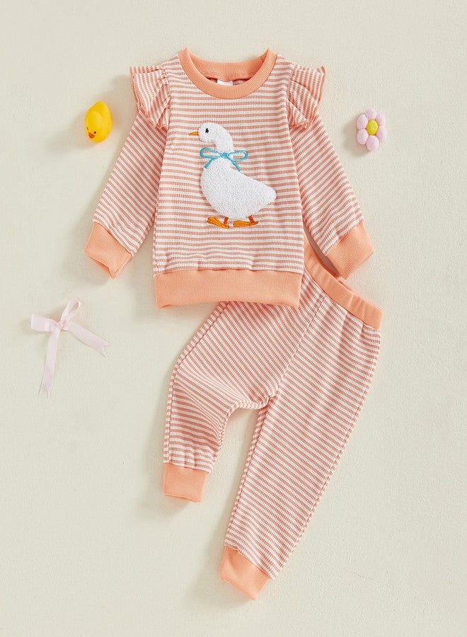 Socutebabe Toddler Baby Girl Fall Winter Clothes Goose/Duck Long Sleeve Pullover Sweatshirts Stripe Pants Farm Goose Outfit (Pink, 12-18 Months) - Image 3