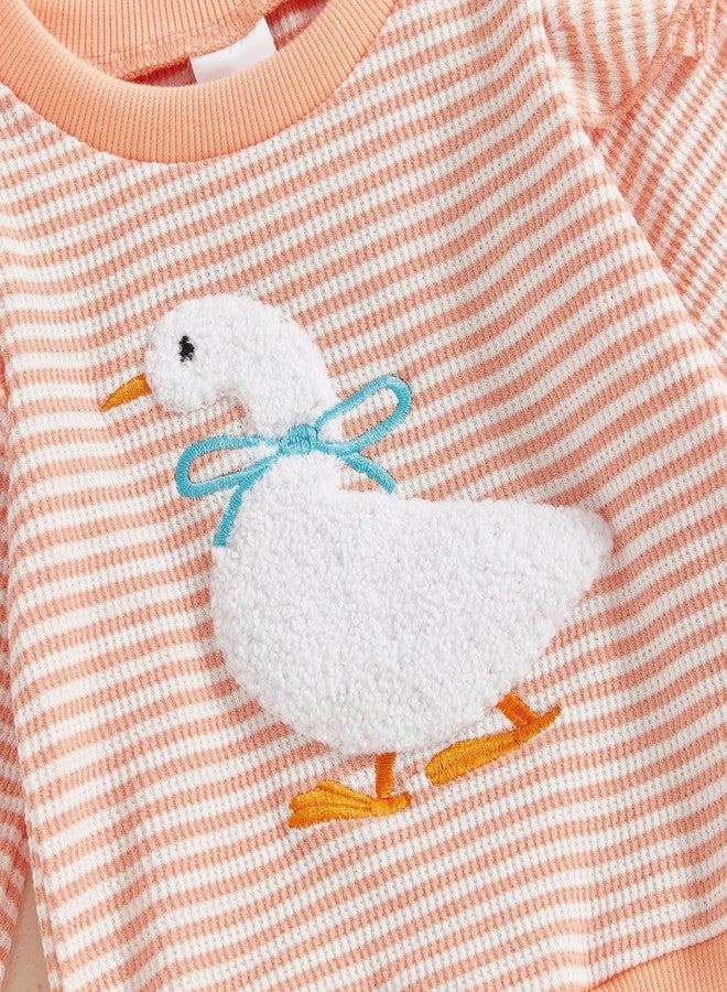Socutebabe Toddler Baby Girl Fall Winter Clothes Goose/Duck Long Sleeve Pullover Sweatshirts Stripe Pants Farm Goose Outfit (Pink, 12-18 Months) - Image 4