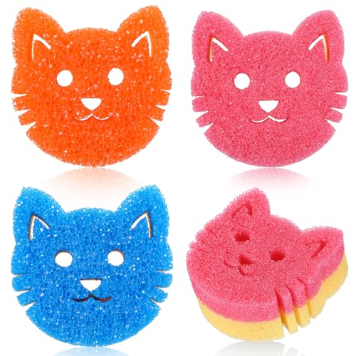 FillTouch 3 Pcs Dual Sided Scrub Sponge Multi Functional Cute Temperature Sensitive Non Scratch Dish Sponge for Washing Dishes Kitchen Bathroom CatPink Orange Royal Blue - Image 1