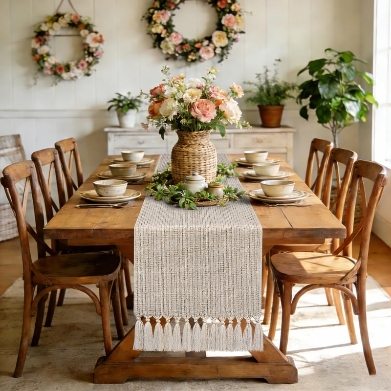 yuboo Boho Dresser Runners for Bedroom, Rustic Farmhouse Table Runner 72 inches Long, Woven Shabby Coffee Dresser Runner, Beige Table Runners for Dining Bridal Shower Dresser Spring Table Decor - Image 3