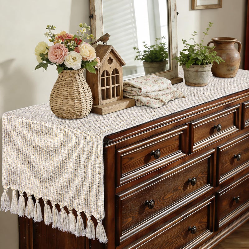 yuboo Boho Dresser Runners for Bedroom, Rustic Farmhouse Table Runner 72 inches Long, Woven Shabby Coffee Dresser Runner, Beige Table Runners for Dining Bridal Shower Dresser Spring Table Decor - Image 1
