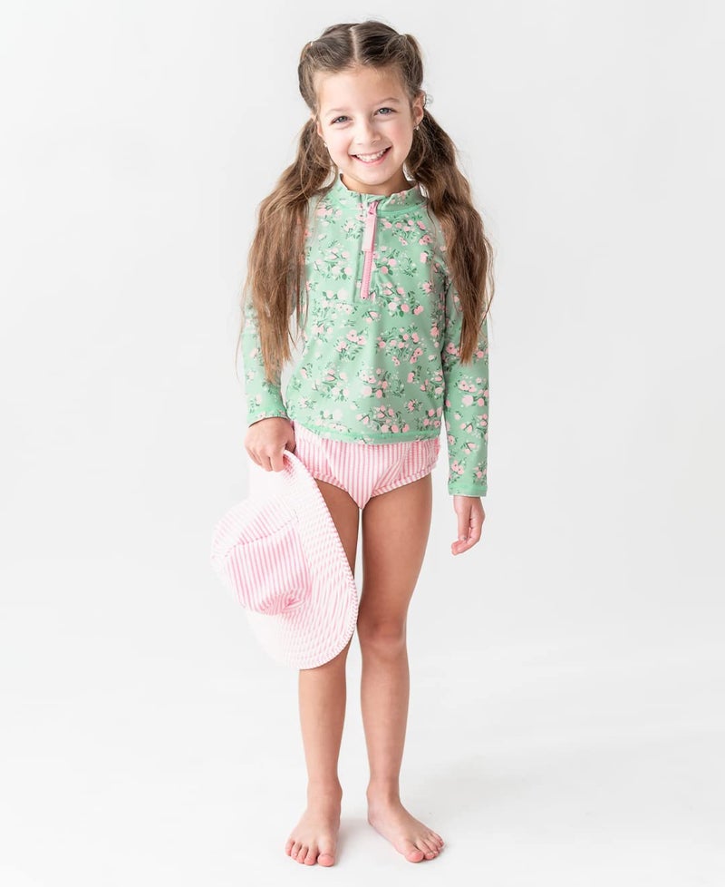RuffleButts Long Sleeve Zipper Rash Guard - 2-Piece - Tea Roses - 2T - Image 2