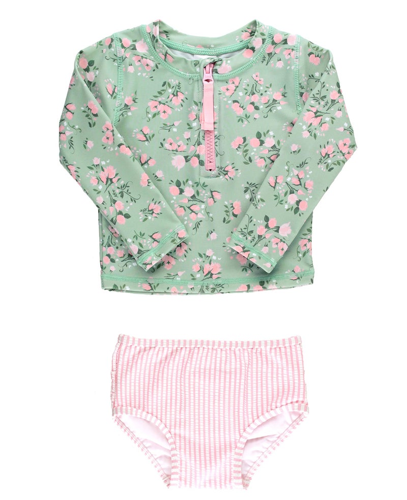 RuffleButts Long Sleeve Zipper Rash Guard - 2-Piece - Tea Roses - 2T - Image 1
