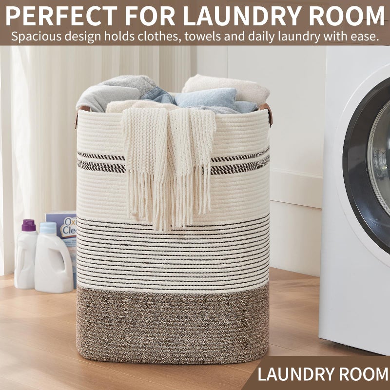 AINUOQI Laundry Hamper - Tall Woven Rope Laundry Basket - Clothes hamper with Leather Handles, 17" X 13.8" X 22", Blanket Storage Basket for Living Room, Rice Brown & White - Image 5