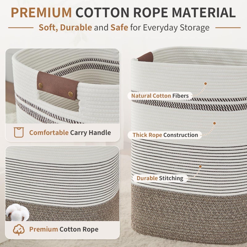 AINUOQI Laundry Hamper - Tall Woven Rope Laundry Basket - Clothes hamper with Leather Handles, 17" X 13.8" X 22", Blanket Storage Basket for Living Room, Rice Brown & White - Image 4