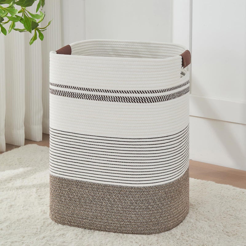 AINUOQI Laundry Hamper - Tall Woven Rope Laundry Basket - Clothes hamper with Leather Handles, 17" X 13.8" X 22", Blanket Storage Basket for Living Room, Rice Brown & White - Image 1