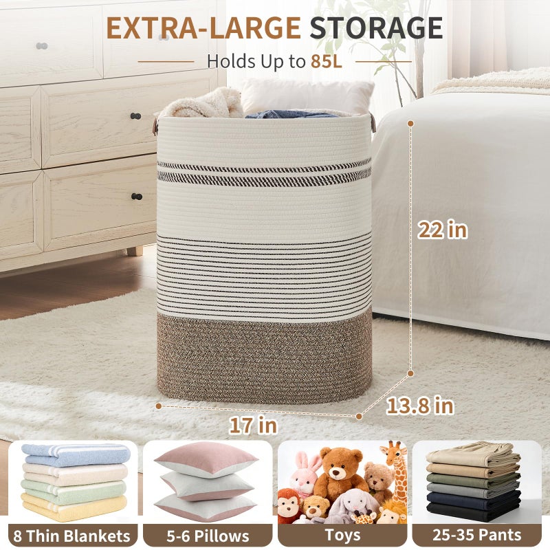AINUOQI Laundry Hamper - Tall Woven Rope Laundry Basket - Clothes hamper with Leather Handles, 17" X 13.8" X 22", Blanket Storage Basket for Living Room, Rice Brown & White - Image 2