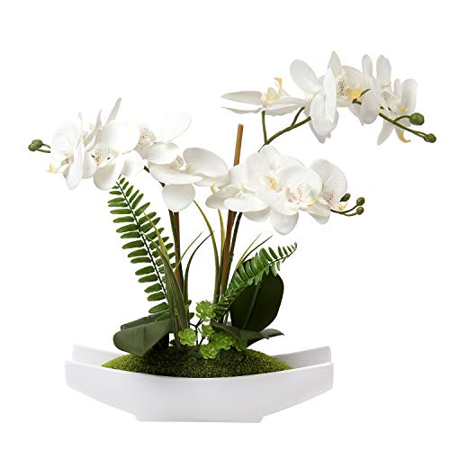 Briful Orchids Artificial Flowers 15" Large Fake Orchid White Phalaenopsis Orchid Flower Arrangements with Vase Faux Orchid for Home Living Room Table Centerpiece Office Table Decor - Image 1
