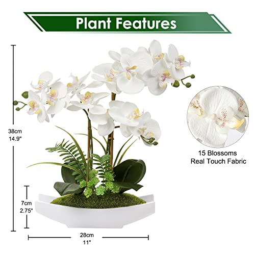 Briful Orchids Artificial Flowers 15" Large Fake Orchid White Phalaenopsis Orchid Flower Arrangements with Vase Faux Orchid for Home Living Room Table Centerpiece Office Table Decor - Image 2