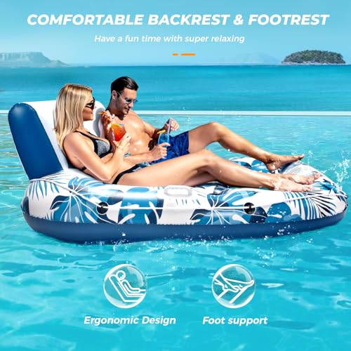 JCLEAL Pool Float Lounger Adult Inflatable Pool Floaties Rafts for 2 Person Extra Large Recliner Tanning Lounge Chair Water Floaty with Backrest Footrest Cup Holder for Party River Beach Lake Vacation - Image 3