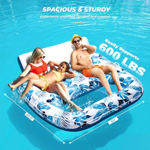 JCLEAL Pool Float Lounger Adult Inflatable Pool Floaties Rafts for 2 Person Extra Large Recliner Tanning Lounge Chair Water Floaty with Backrest Footrest Cup Holder for Party River Beach Lake Vacation - Image 2